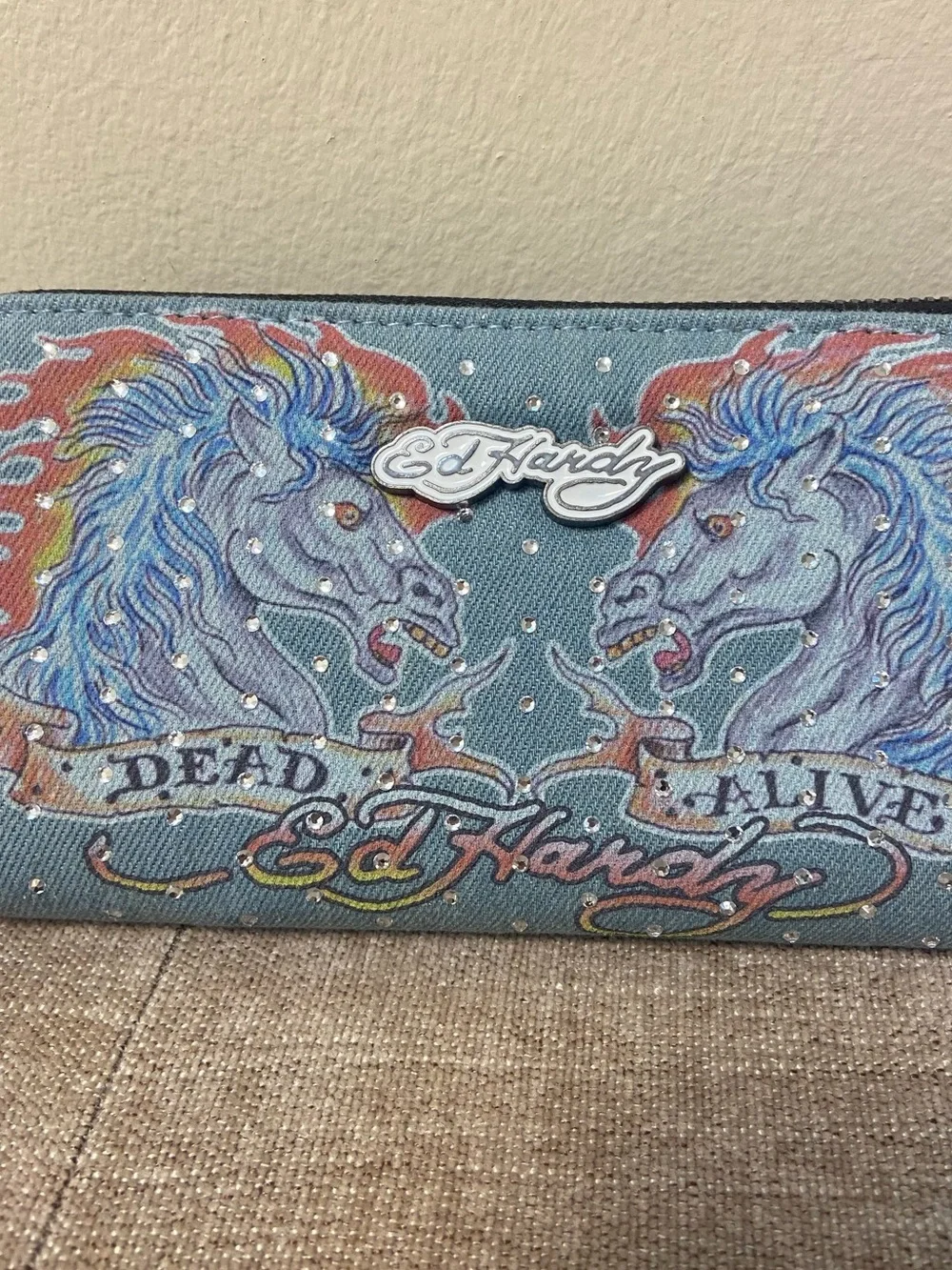 Ed Hardy Dead Alive denim wristlet wallet zip up horse print studded NWT